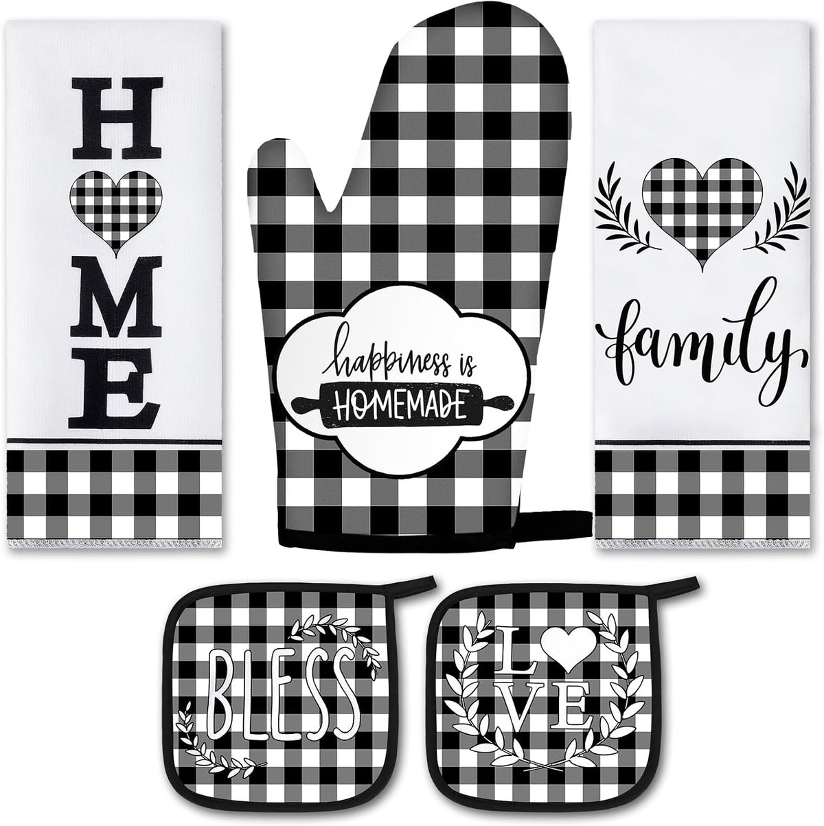 5 Pcs Buffalo Plaid Kitchen Towels Oven Mitts and Pot Holder Set,Lemon