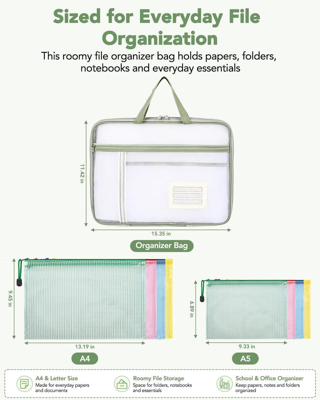8 Mesh Zipper Pouches + 1 File Organizer Bag,9‑Pc Document Organizer Set