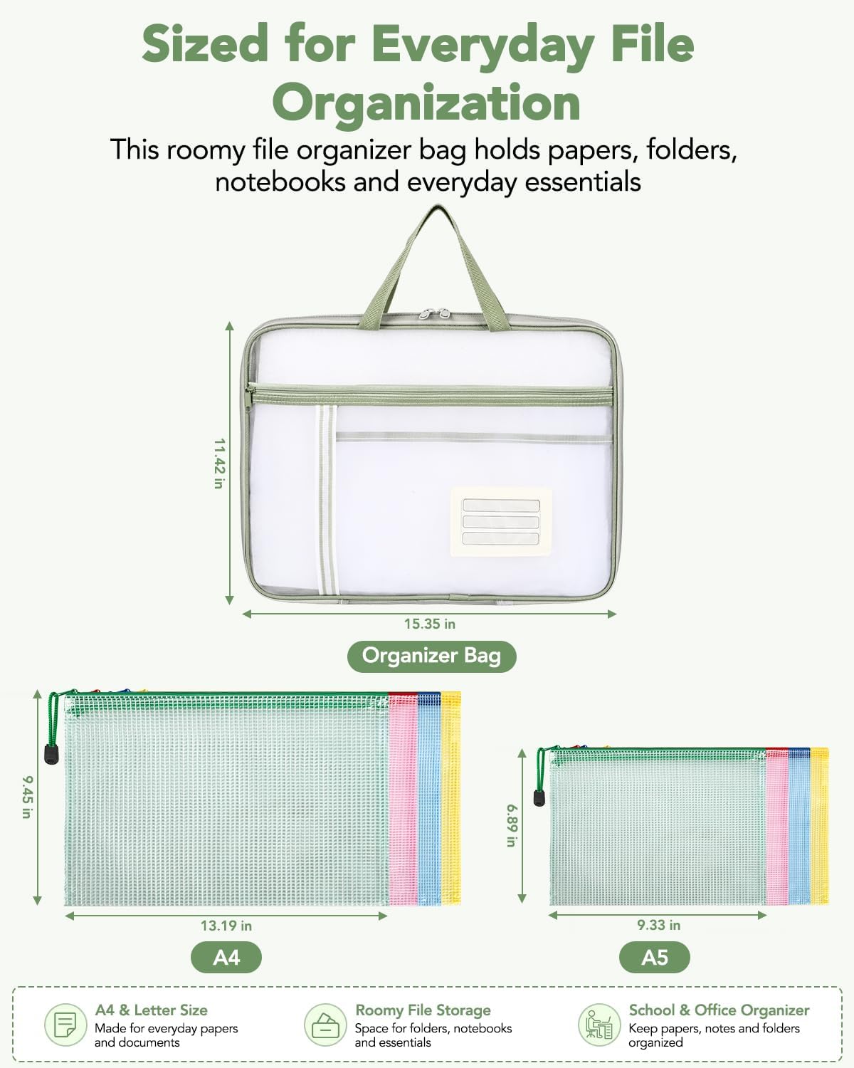 8 Mesh Zipper Pouches + 1 File Organizer Bag,9‑Pc Document Organizer Set