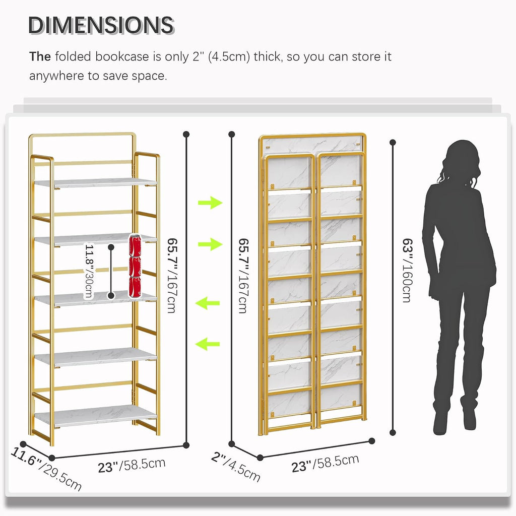 4NM No Assembly 5 Tier Folding Bookshelf Tall Storage Shelves Vintage Bookcase Standing Racks for Bedroom Living Room Home Office