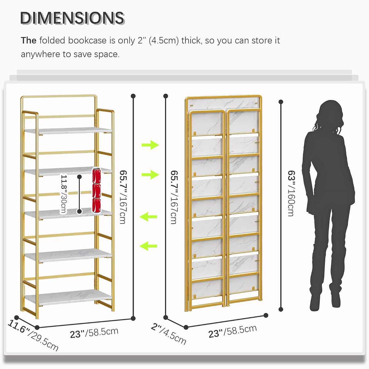 4NM No Assembly 5 Tier Folding Bookshelf Tall Storage Shelves Vintage Bookcase Standing Racks for Bedroom Living Room Home Office