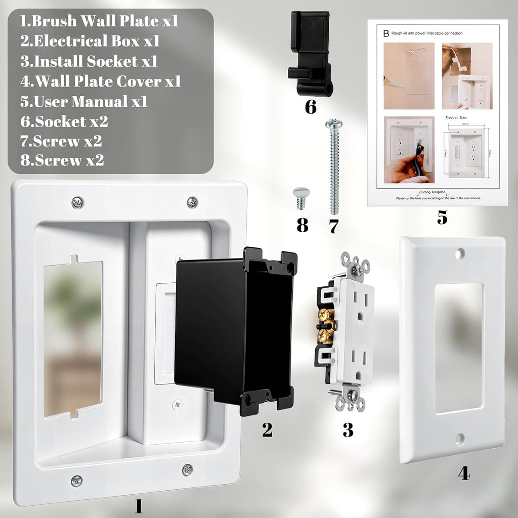 Recessed TV Outlet Box, Dual Outlet Power Cable Management Outlets in Wall Media Box, Low Voltage Wires Hider Kit Electrical Accessories for Saving Home Theater & Office Space