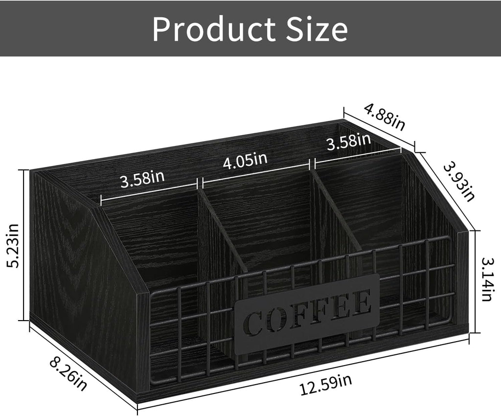 Coffee Station Organizer for Countertop, Wood Coffee Bar Organizer with Removable Dividers for Pods, Syrup, Cups, Stirrer, Tea - Office Bar Accessories, Iron Wire-Black