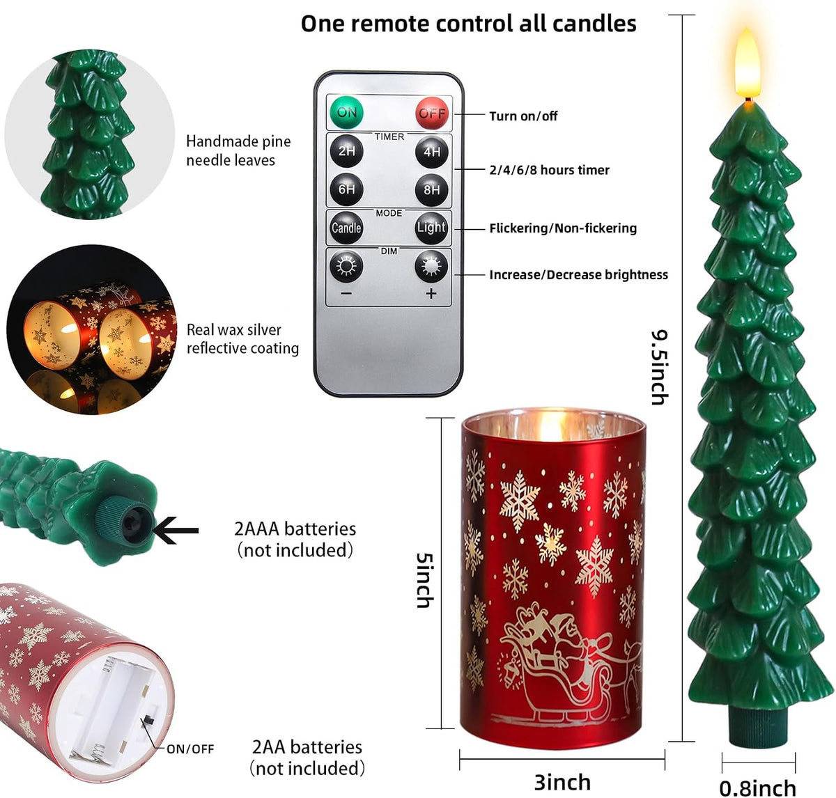 Lezonic Christmas Flameless Candles with Remote, Green Christmas Tree Flickering Battery Operated Window Candlesticks, Red Glass Xmas New Year Decorations Gifts, Set of 4 Real Wax LED Candles