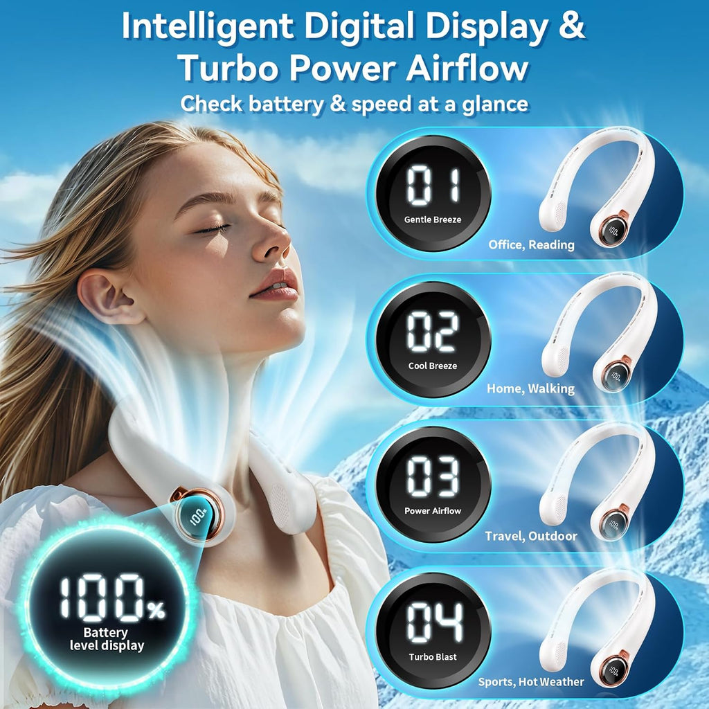 BNBZ Portable Neck Fan, 6000mAh Rechargeable Fan Blows Cold Air with LED Display, 4 Speeds, 20H Runtime, Quiet Wearable 360° Personal Cooling Fan for Outdoor Travel Work Gym,Fireplace Fans-White