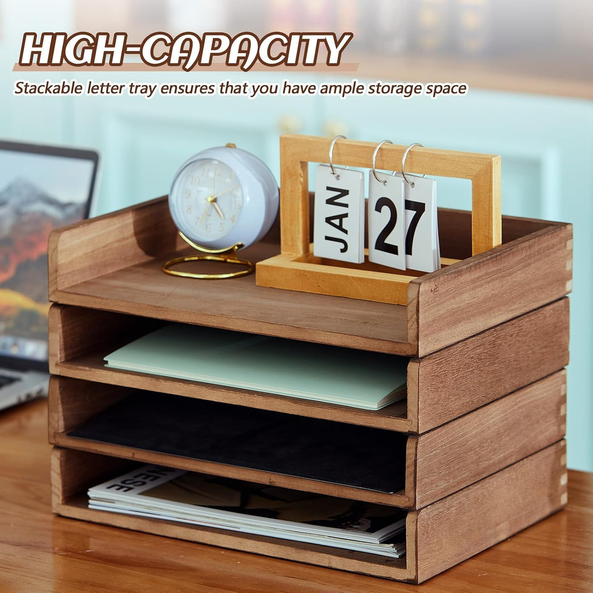 Yeaqee 4 Pcs Stackable Organizer Tray Wood Desk Organizer, Dark Wood Color