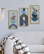 Putuo Decor Boho Abstract Wall Art, Set of 3, Modern Botanical Wooden Wall Decor, Blue Mid-Century Minimalist Framed Artwork for Living Room Bedroom, Office