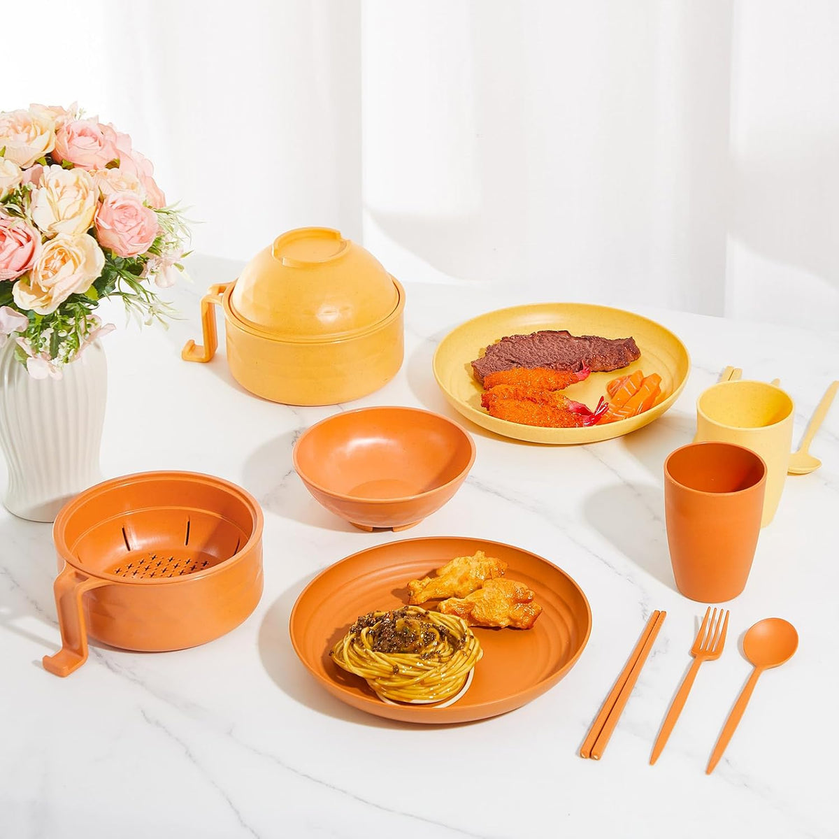 12 Pcs Microwave Ramen Cooker Set 40oz Bowl, Yellow, Orange