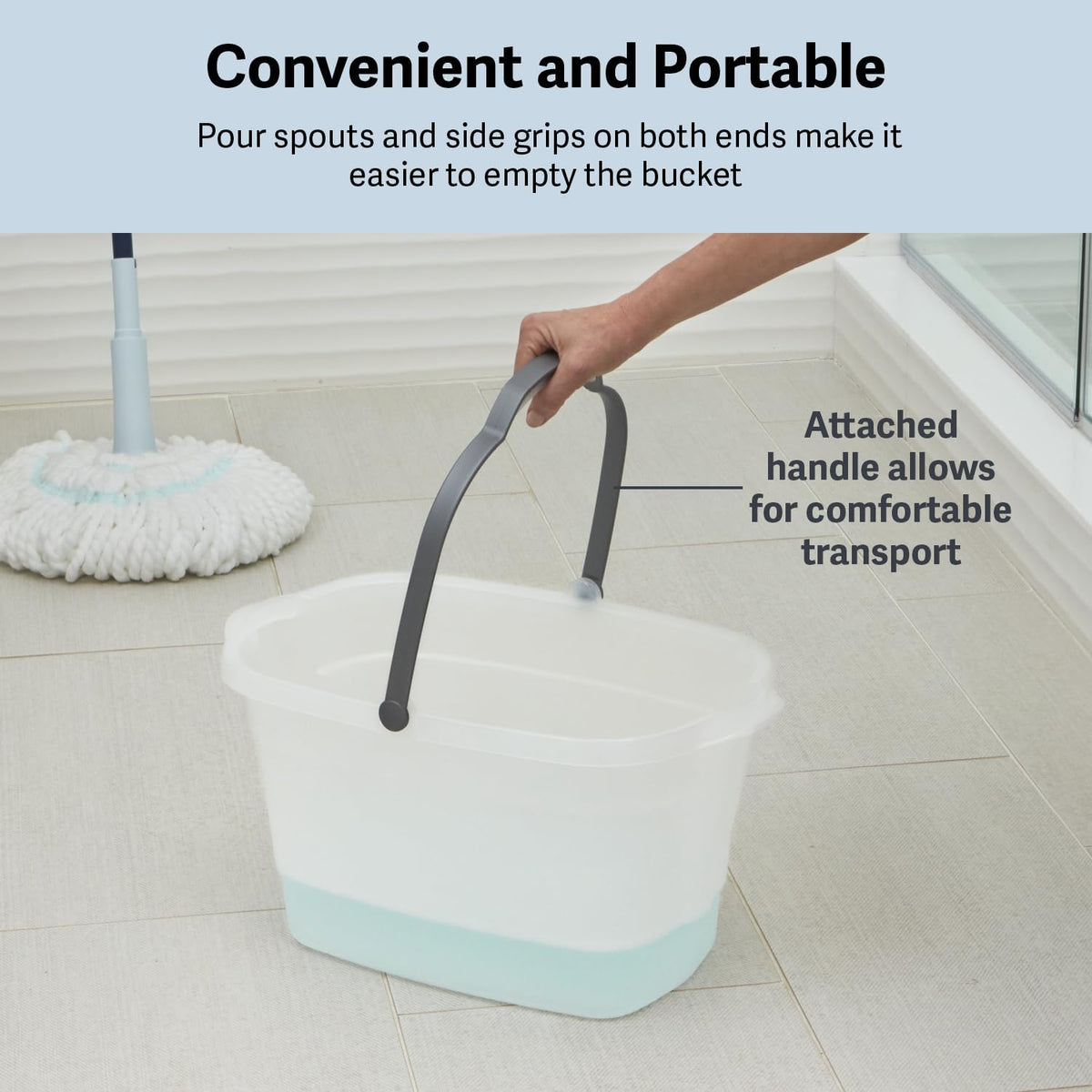 Casabella Cleaning Bucket Rectangular for Mopping or Storage with Handle and Built-In Pour Spouts, 4-Gallon, Clear