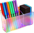 Iridescent Acrylic Desk Organizer with 3 Compartments - Clear Pencil Holder for Office, School & Home - Large Capacity Stationery Storage for Pens, Scissors, Sticky Notes, Paper Clips - Non-Slip Base