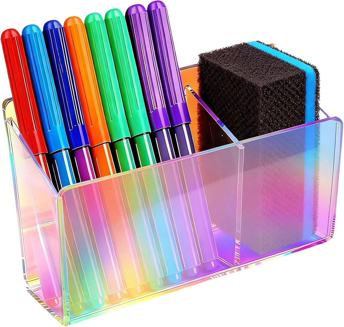 Iridescent Acrylic Desk Organizer with 3 Compartments - Clear Pencil Holder for Office, School & Home - Large Capacity Stationery Storage for Pens, Scissors, Sticky Notes, Paper Clips - Non-Slip Base