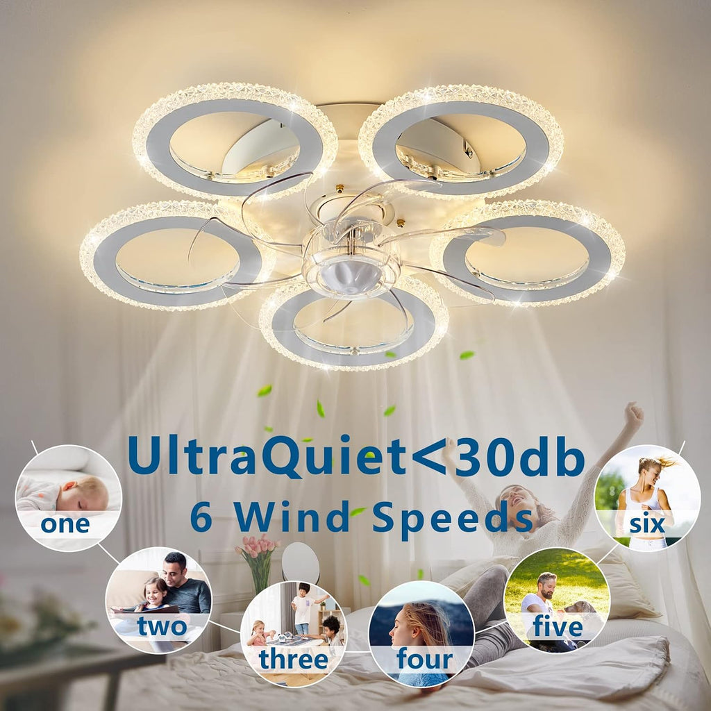 Dalouguan Modern Ceiling Fan with Light, 20" White Personality Geometric 6 Speeds 3 Light Color Low Profile Flush Mount Ceiling Fan for Kitchen Bedroom