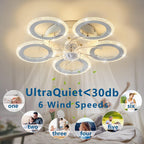 Dalouguan Modern Ceiling Fan with Light, 20" White Personality Geometric 6 Speeds 3 Light Color Low Profile Flush Mount Ceiling Fan for Kitchen Bedroom