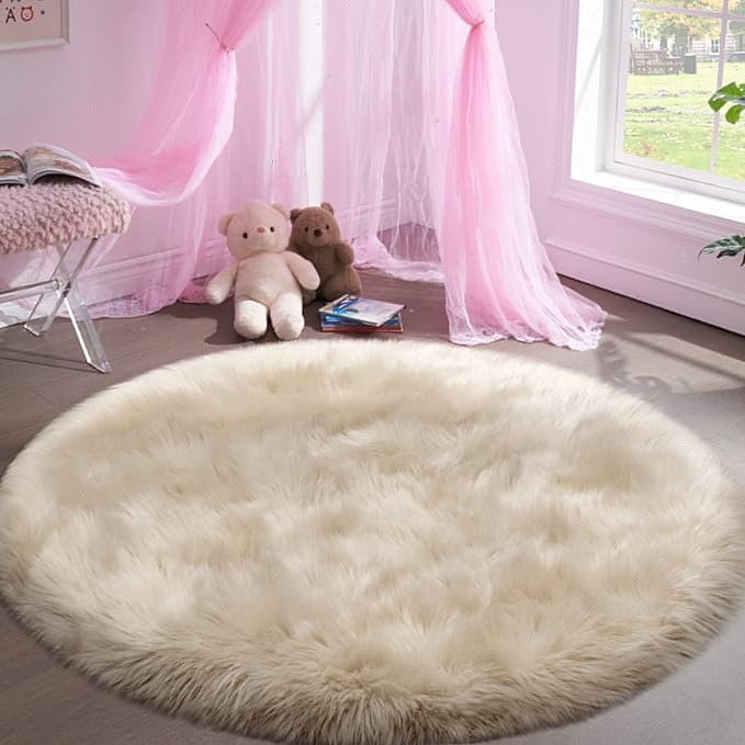 Fluffy Round Rug for Kids Room Beige Circle Faux Fur Area Rug for Bedroom - Image 3