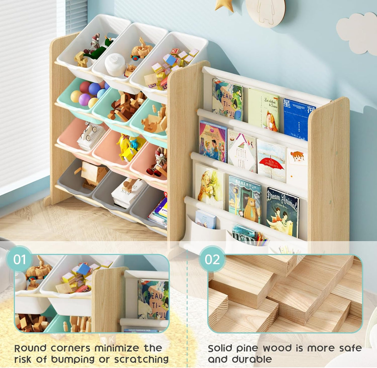 Kids Toy Storage Organizer with Bookshelf - 12 Multi-Color Bins and 4 Book Shelves, Organizers and Storage for Playroom, Nursery, Room, Burlywood
