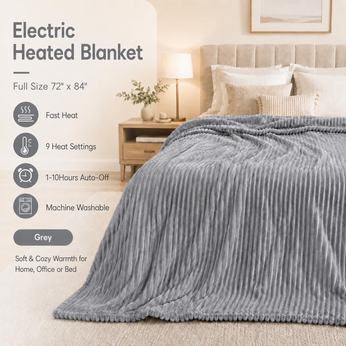 LUXIAN Electric Heated Blanket,Flannel,Full 72x84in,Grey, Thanksgiving