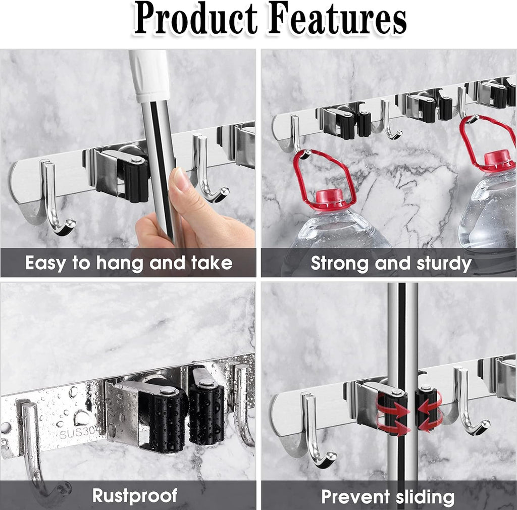AceMining Broom Holder Wall Mount, 3 Racks 4 Hooks Heavy Duty Mop Organizer
