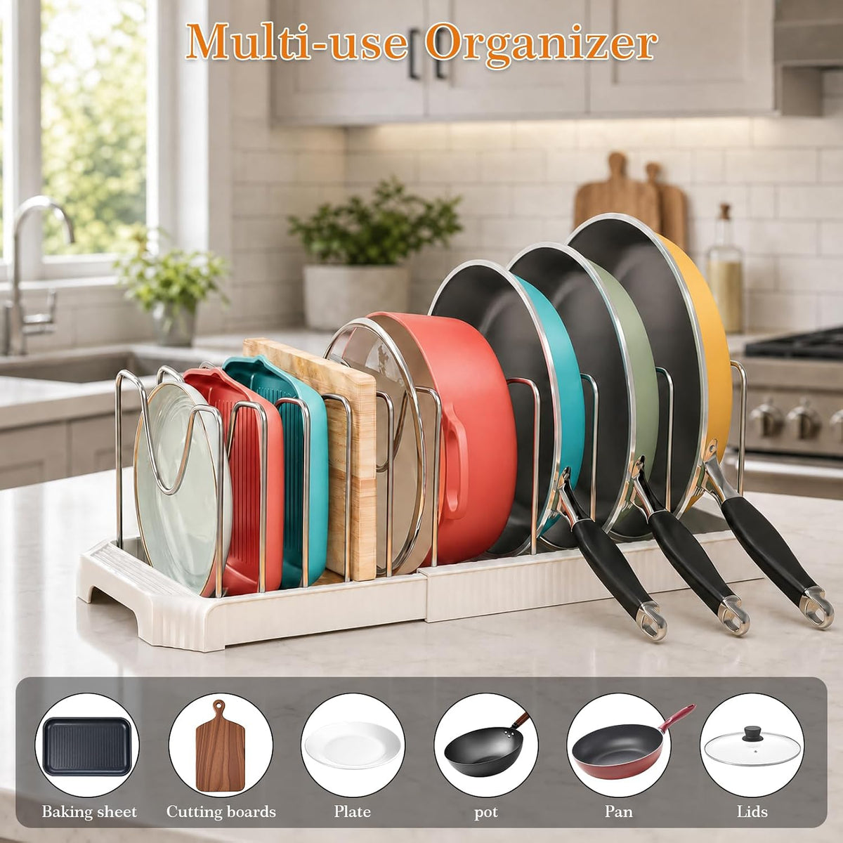 2 Pack Expandable Pots and Pans Organizer Under Cabinet, 13-22" Kitchen Cabinet Organizer with 10 Adjustable Dividers and 10Pcs Pot Protectors for Lids, Baking Sheets & Cookware (2, White)