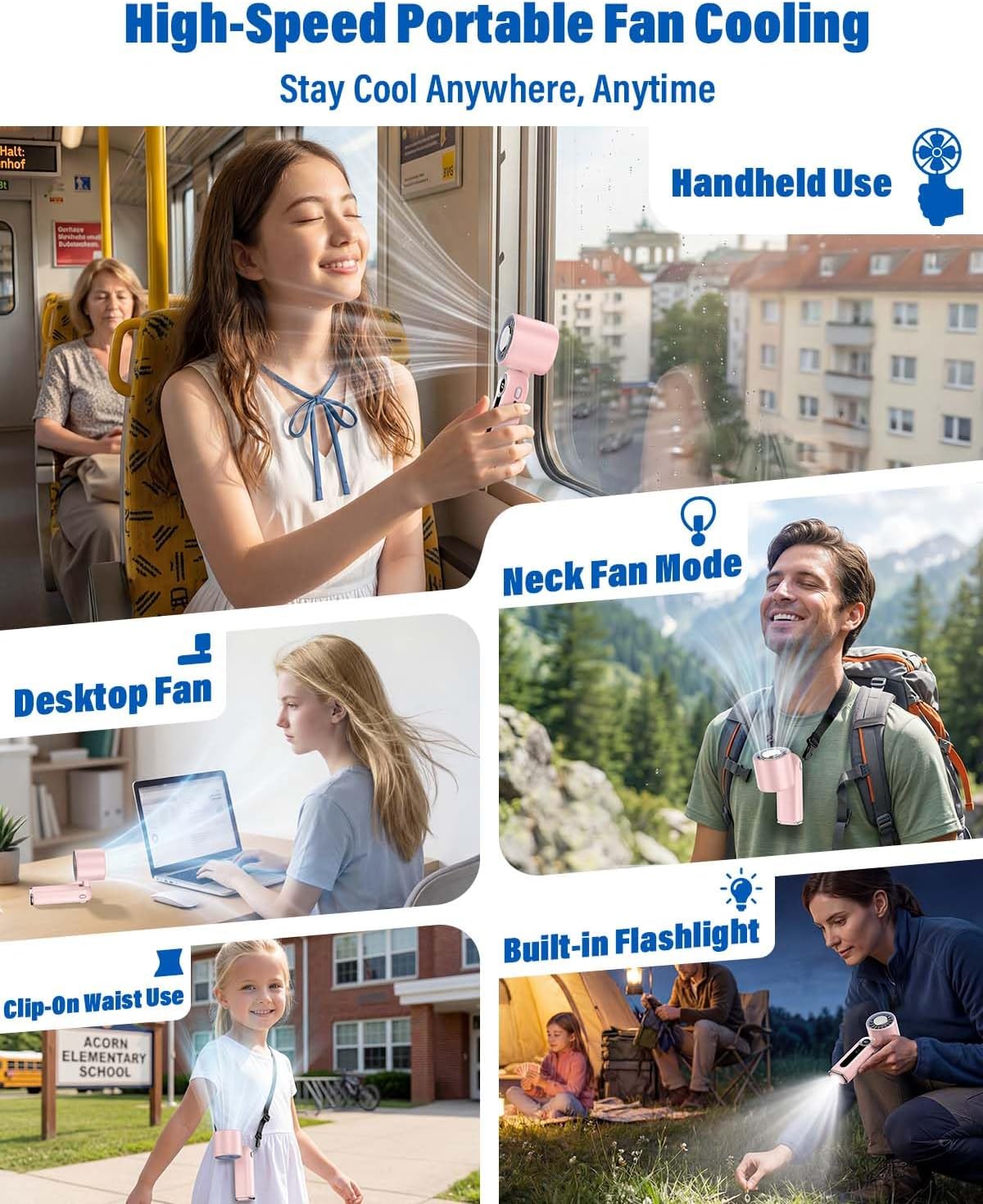 Portable Handheld Fan with Cooling Plate, 199 Speed Settings, High-Speed Personal Mini Fan up to 20000 RPM, USB-C Rechargeable, Wearable for Travel, Outdoor, Office, Home (Pink)