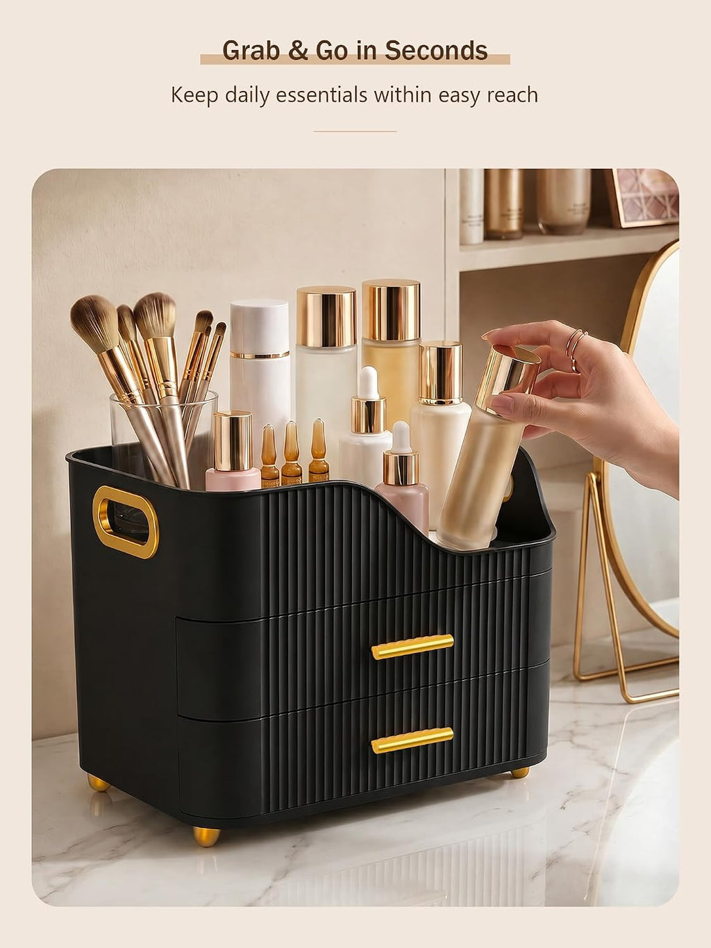 Large Makeup Organizer for Vanity, Bathroom Countertop, Black