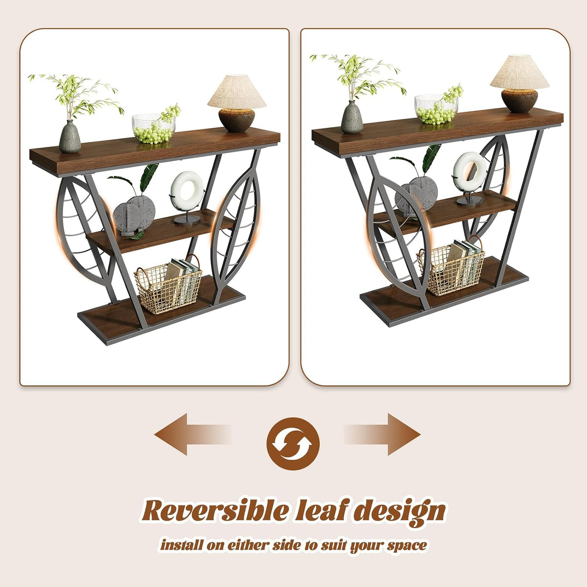 HavenlyYouth Leaf Design Console Table for Entryway, 3-Tier Storage, 30mm Thick Industrial Metal Frame, Easy-to-Assemble Narrow Accent Table, Space-Saving for Hallway, Entrance, Foyer.Walnut