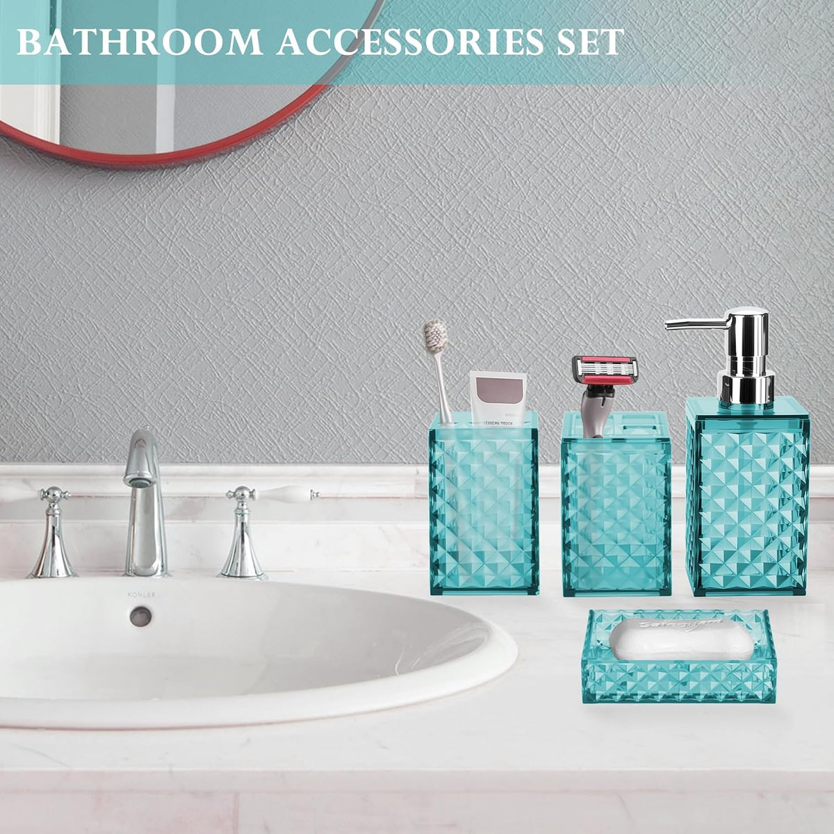 Bathroom Accessory Set, Grid Pattern 4 Pcs Plastic Bathroom Set, Teal Blue