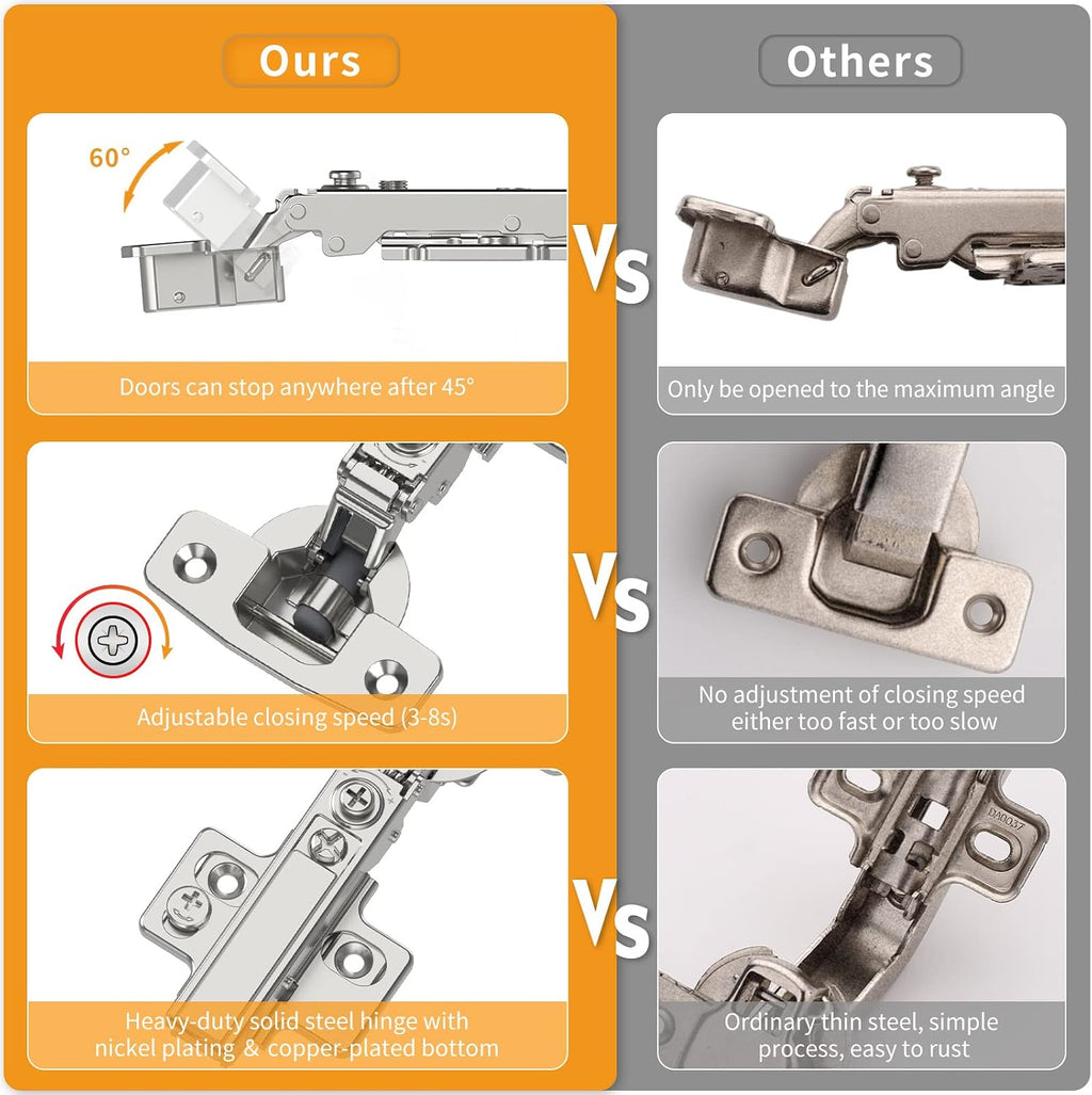 10 Pack Frameless Full Overlay Soft Close Concealed European Hinges, Self Closing Satin Nickel, 105 ° Open Angle 4D Adjustment, Speed Control, Clip On, Stainless Steel for Cabinet Door