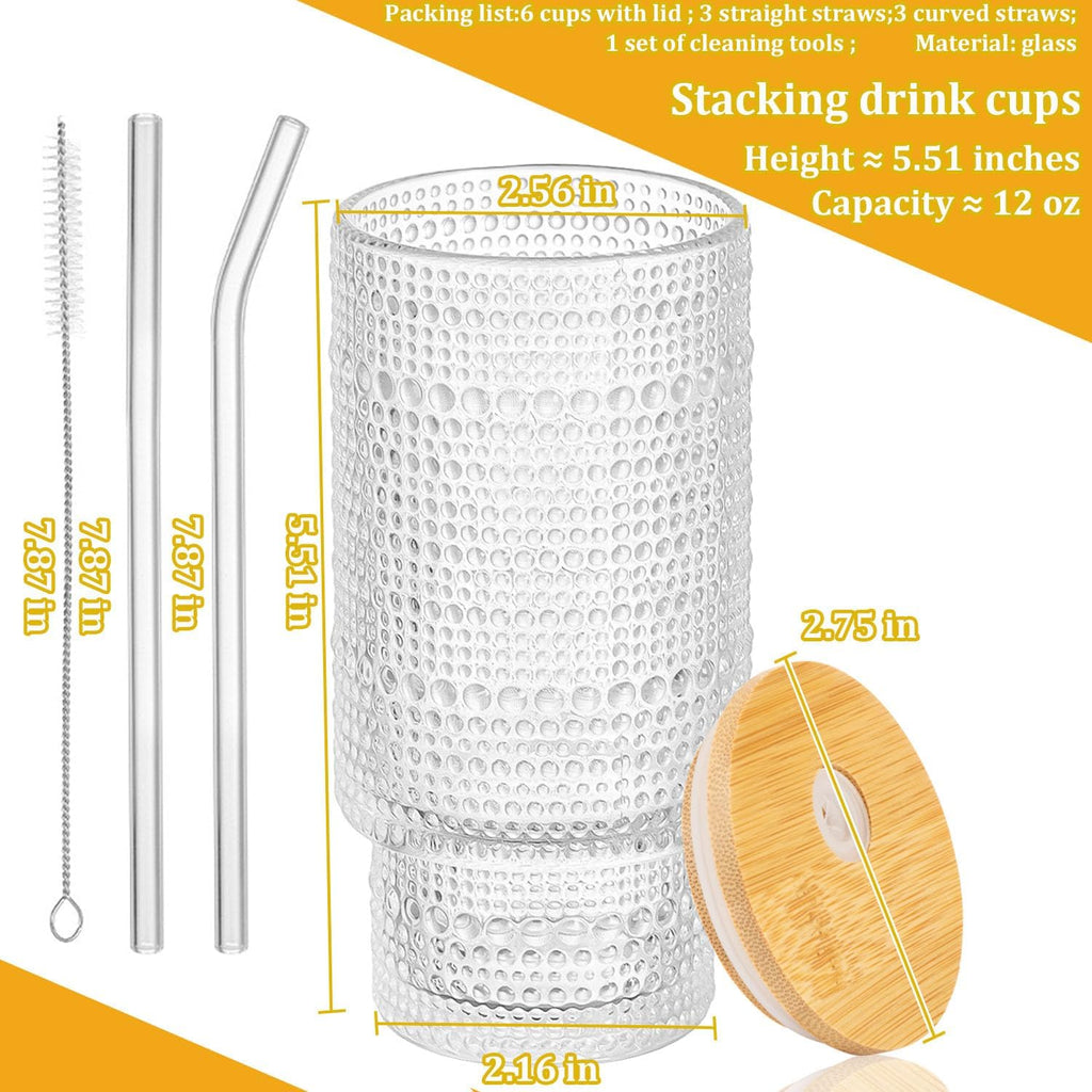 Glass Cups Set with Straw/Bamboo Lid, 12 oz Stackable Serving Drinking Glasses, Ideal for Whiskey/Cocktails/Juice/Coffee/Beer, Dishwasher Safe, 3 Patterns of Vintage Glassware Sets (6 Pcs)