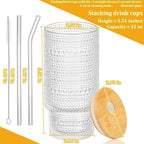 Glass Cups Set with Straw/Bamboo Lid, 12 oz Stackable Serving Drinking Glasses, Ideal for Whiskey/Cocktails/Juice/Coffee/Beer, Dishwasher Safe, 3 Patterns of Vintage Glassware Sets (6 Pcs)
