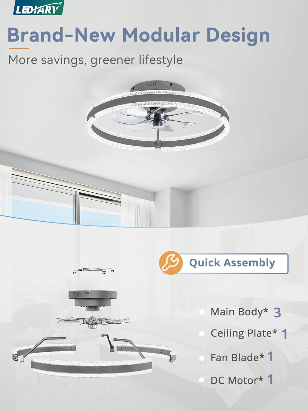 LEDIARY Ceiling Fans with Lights and Remote, 20'' Low Profile Ceiling Fan with Light, 3000-6000K Dimmable Fandelier Ceiling Fans, Modern Flush Mount Fan Light for Bedroom with 6 Wind Speeds-Sandy Gray
