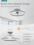 LEDIARY Ceiling Fans with Lights and Remote, 20'' Low Profile Ceiling Fan with Light, 3000-6000K Dimmable Fandelier Ceiling Fans, Modern Flush Mount Fan Light for Bedroom with 6 Wind Speeds-Sandy Gray