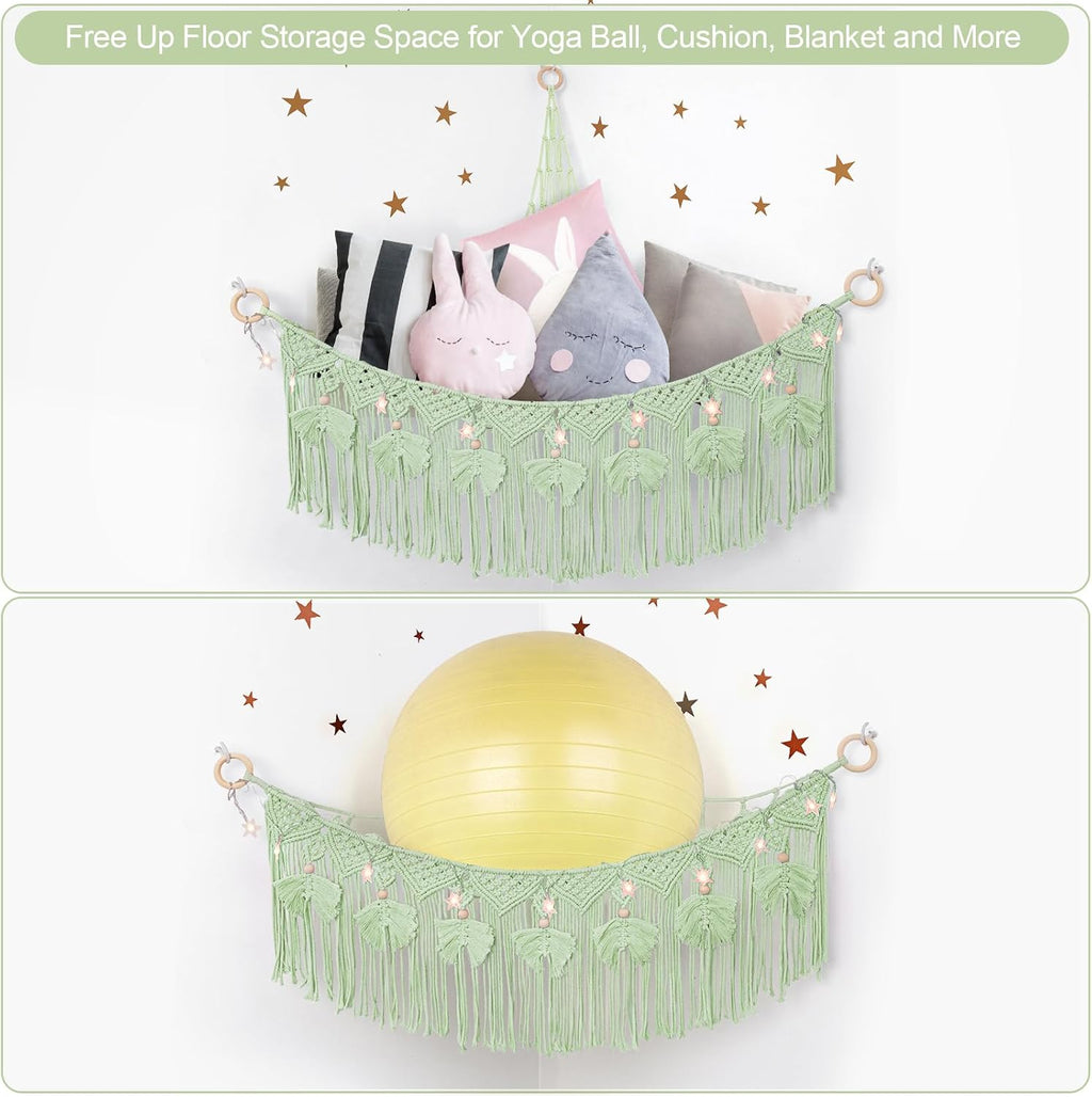 Macrame Stuffed Animal Storage with Star Light, Corner Hammock for Nursery