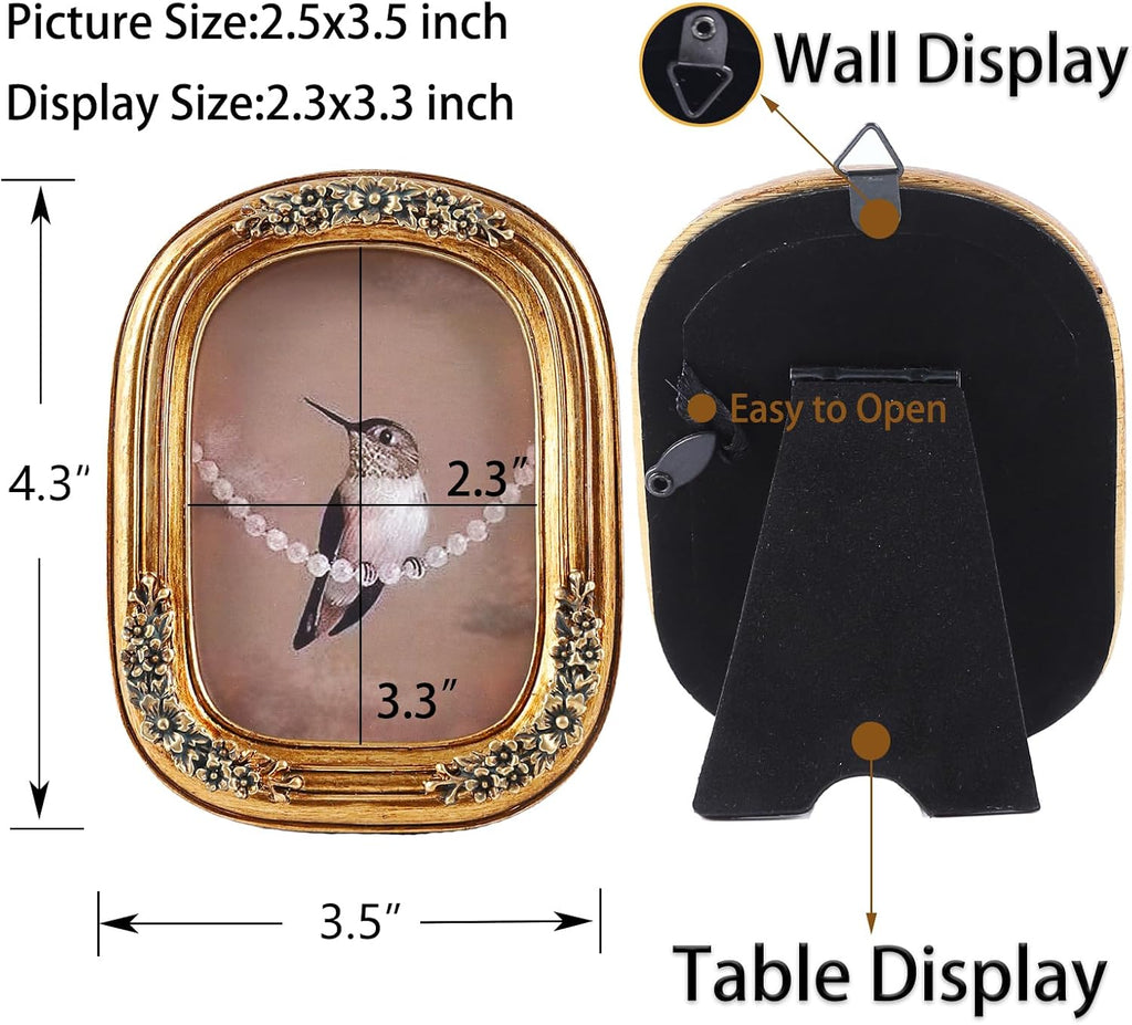 SIKOO 2.5x3.5 Mini Vintage Picture Frames Antique Small Picture Frame Table Top and Wall Mount Display Embossed Floral Antique Home Decor, Bronze Gold
