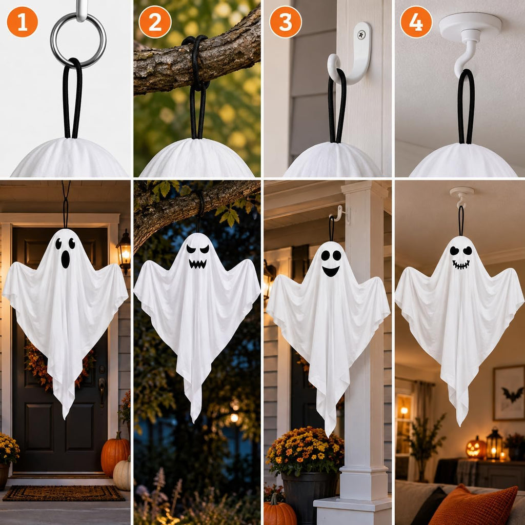 Kiddokids 4 Pack Halloween Hanging Ghost Decorations, 27.5'' Poseable White Ghosts with Bendable Arms for Front Porch, Yard Tree, Indoor Party and Haunted House Decor, Outdoor Entry Door Doorframe
