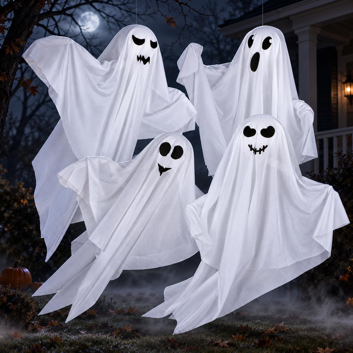 Kiddokids 4 Pack Halloween Hanging Ghost Decorations, 27.5" Light Up Spooky Floating Ghosts with Blue LED, Outdoor & Indoor Haunted House, Porch, Yard, Party Decor, Patio Lawn Garden