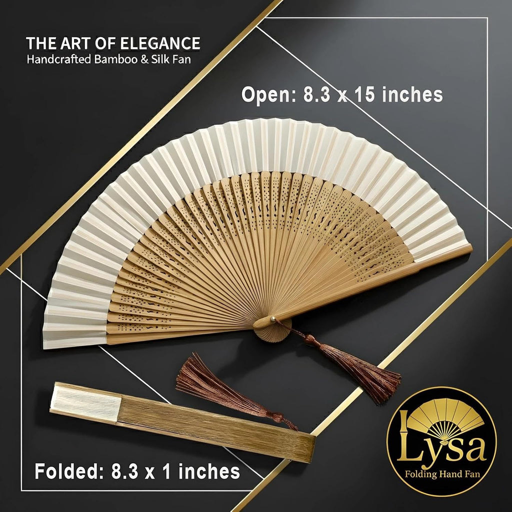 Lysa Hand Fan for Women Foldable - Portable Folding Japanese Chinese Fan - for Hot Flashes, Summer Cooling, Festivals, Church, Dancing (Bamboo White)