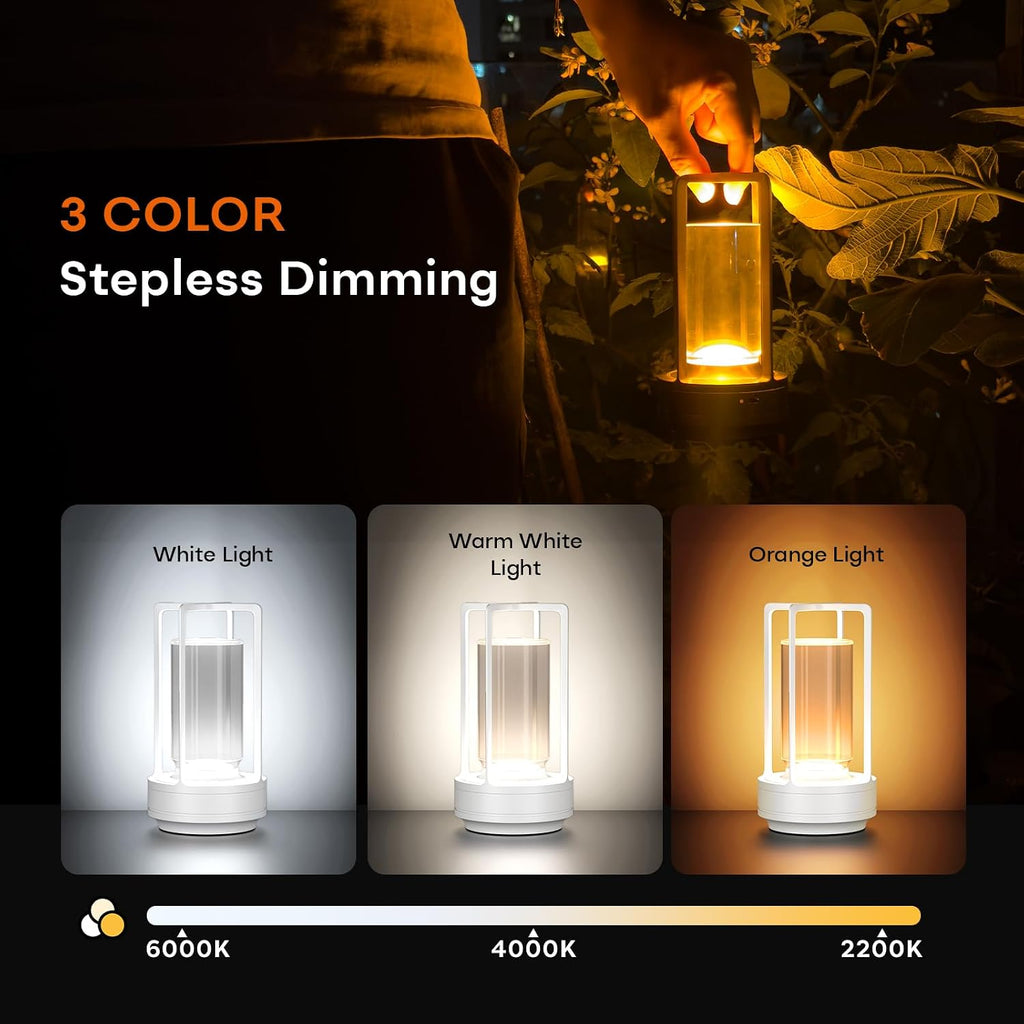 Rechargeable Cordless Small Metal Table Lamp, Stepless Dimming, 3-Color