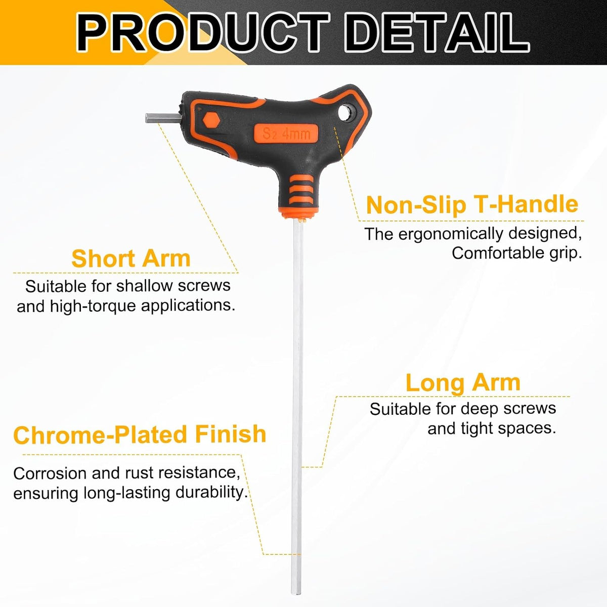 HARFINGTON 2Pcs T-Handle Flat End Hex Key Wrench 4mm S2 Long Arm T-Key