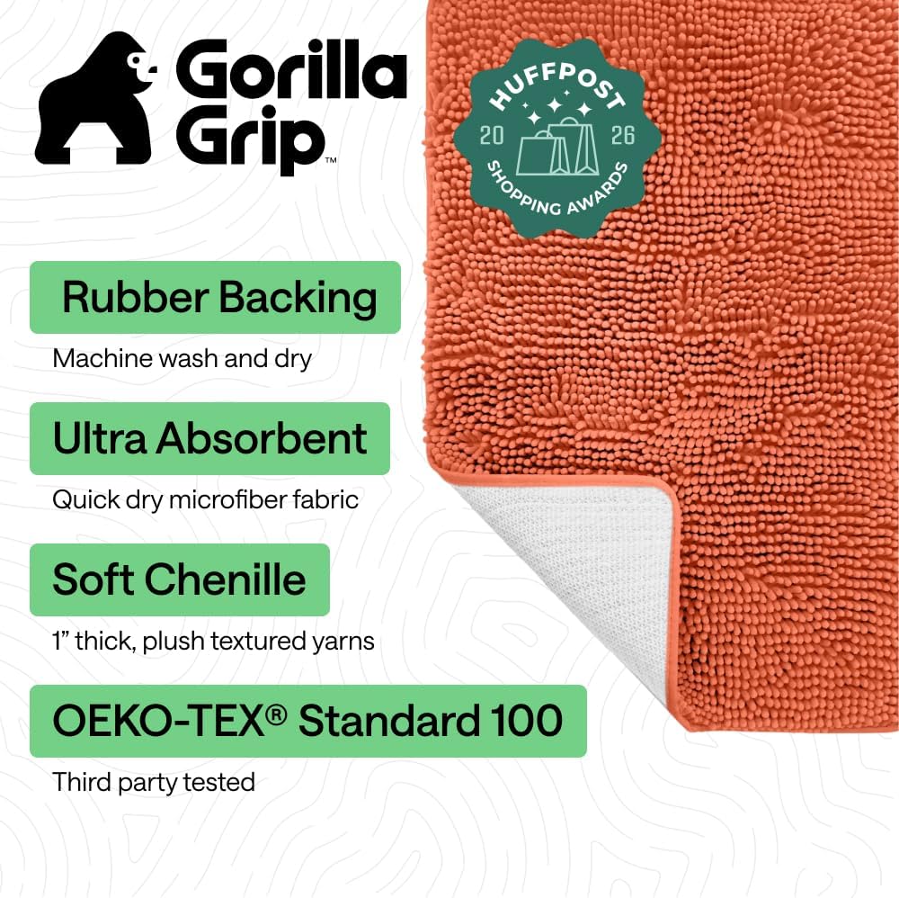 GORILLA GRIP Bath Rug Mat for Bathroom, Absorbent Chenille, 24x17 Coral