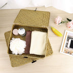 Hipiwe 2 Packs Flat Wicker Basket Box with Lid Woven Seagrass Storage Bins