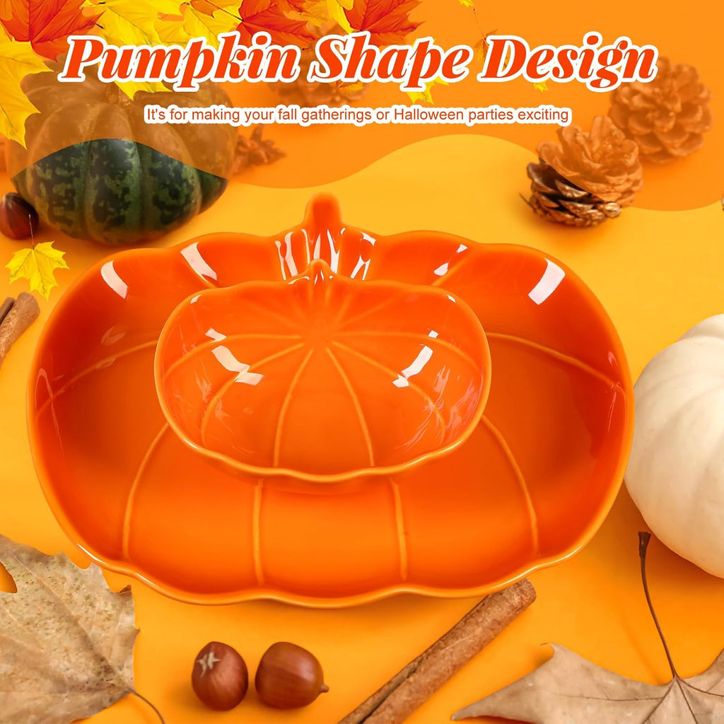 Tioncy 4 Pcs 9 Inch Pumpkin Shaped Plates and 5 Inch Fall Ceramic Bowls Set