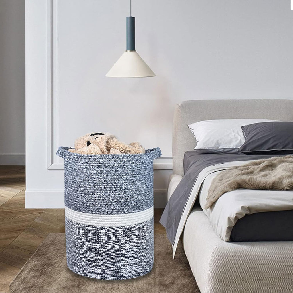 Cotton Rope Blanket Basket, 72L Laundry Hamper, Navy Blue &White