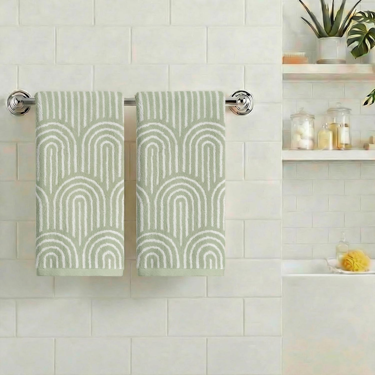 Artoid Mode 2 Pcs Beige Green Arched Stripes Jacquard Hand Towels for Bathroom, 100% Cotton Soft Absorbent Bathroom Decor Towels, 13.7 x 29.5 Inch