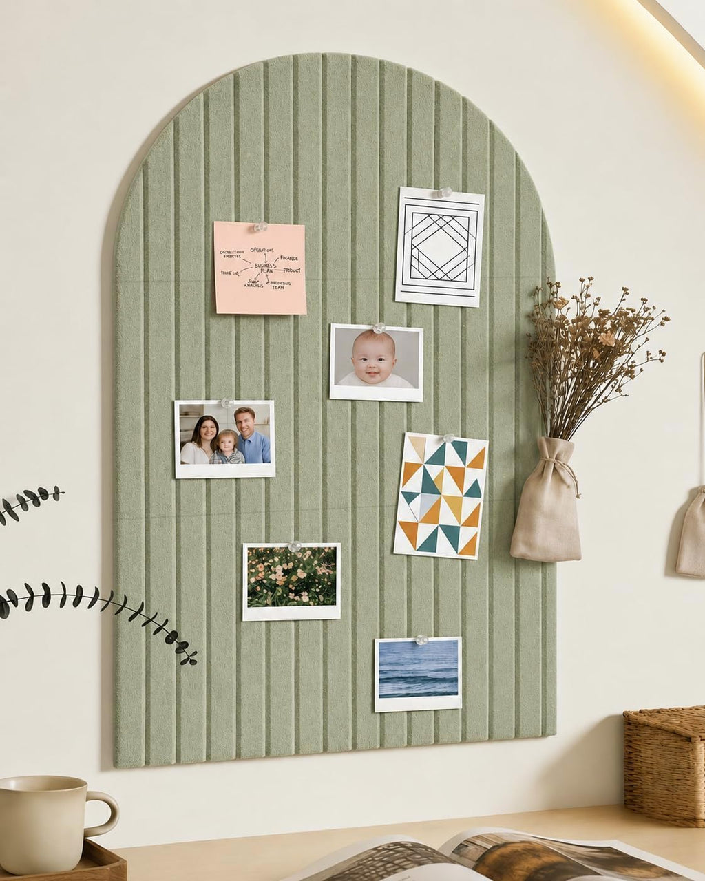 Large Arched Felt Bulletin Board, Sized 36" x 24" for Office & Wall Decor – 6 Customizable Adhesive Tiles with Pins are Perfect to Display Your Photos (Sage Green)
