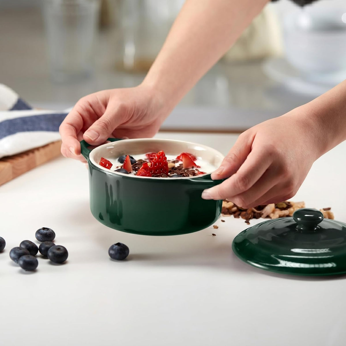 Kook Mini Cocotte, Lids, Handles, Dutch Oven, Set of 4, 12 oz, Forest Green