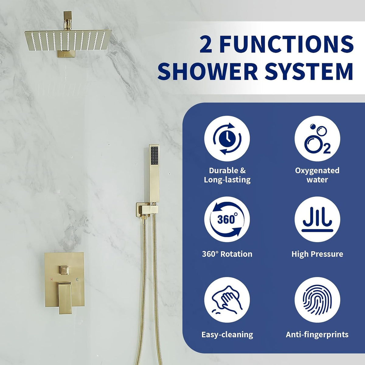 BWE 12 Inch Brushed Gold 2-Faction Wall Mounted Bathroom Shower System Set