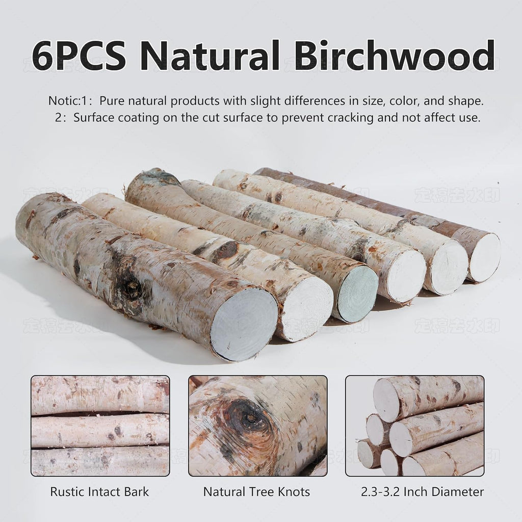 6 Pack Birch Logs Decorative Birch Branches Natural Birch Log for Decoration,Crafts,DIY, Fireplace Decor Firewood(Birch Logs:2.3"-3.2" Dia. x 16.5" Length)