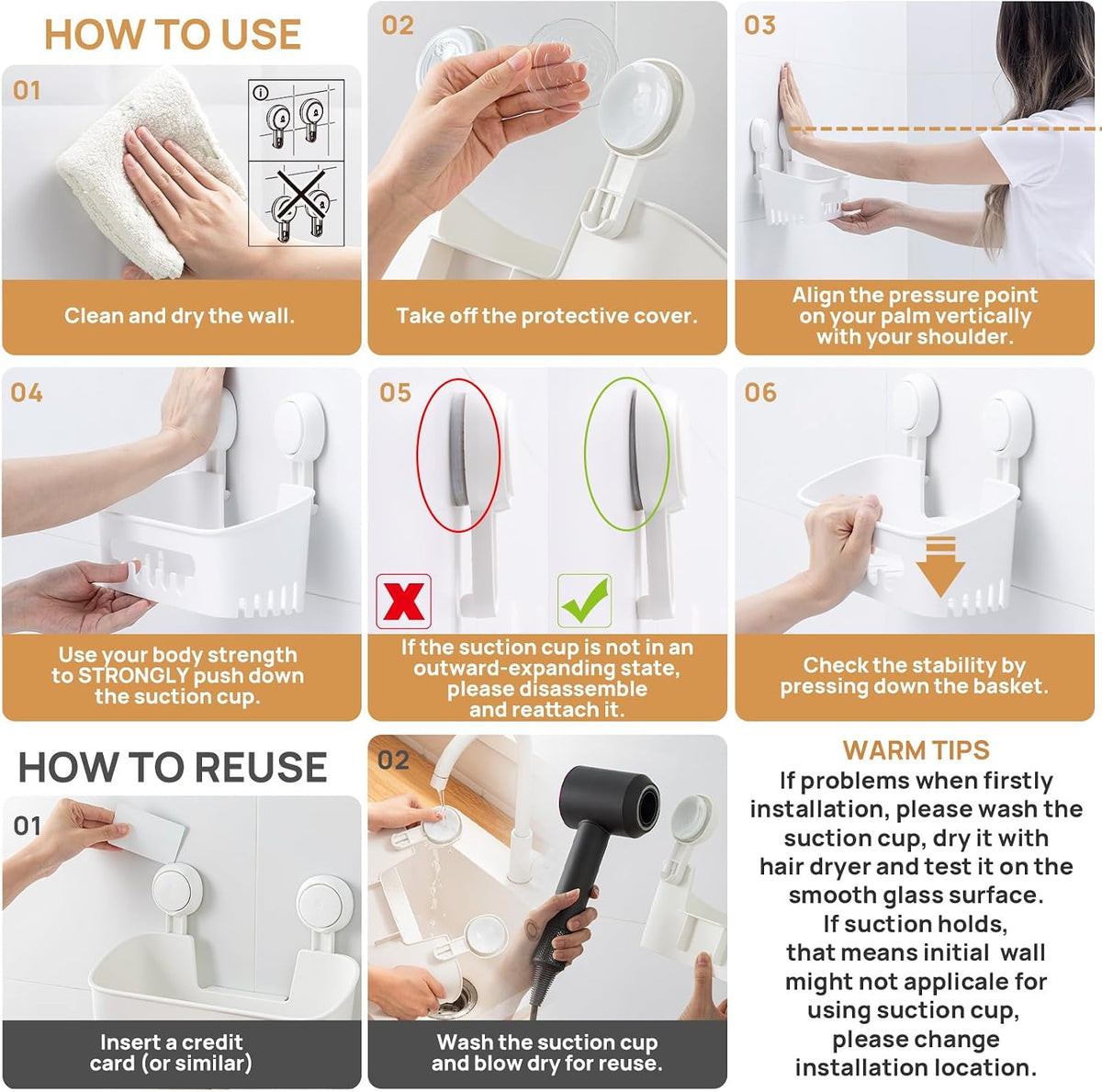 Shower Caddy Suction Cup, Shower Organizer Removable Bathroom Shelf, Storage Suction Powerful Max Hold 22lbs Bathroom Caddy Waterproof Holder, White
