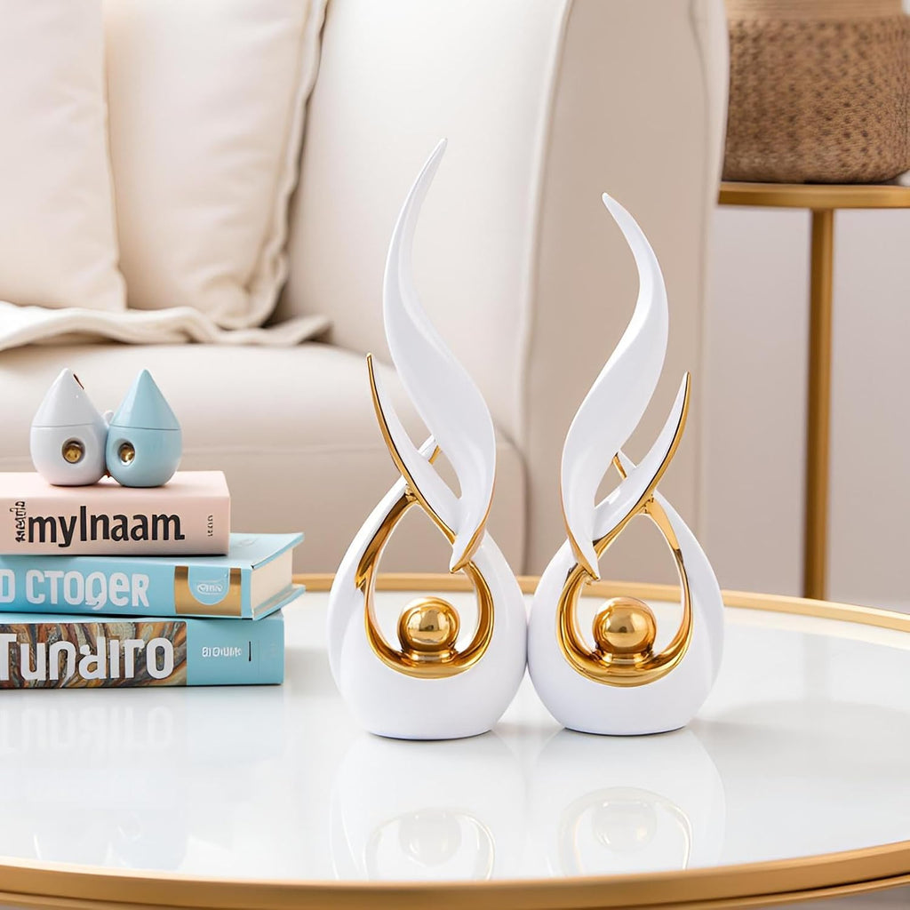 Gold Ceramic Abstract 2 Piece Statue Set,Mid Century Modern Abstract Art Home Decor Statue Mantelpiece on Unique Shelf Decor, TV Cabinet Divider Table top and Dining Table Centerpiece (White Gold)