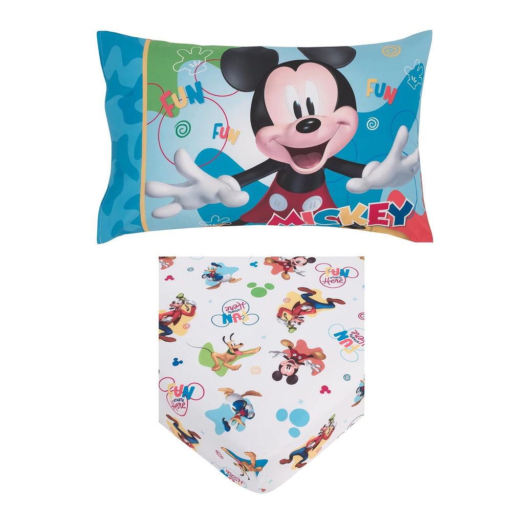 Disney Mickey Mouse Blue, Red, Green, and White, Donald Duck, Pluto, and Goofy, Fun Starts Here 2 Piece Toddler Sheet Set - Fitted Bottom Sheet, and Reversible Pillowcase